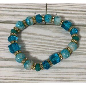 Turquoise & Gold Beaded Stretch Bracelet Fashion Chunky Bling Costume Jewelry